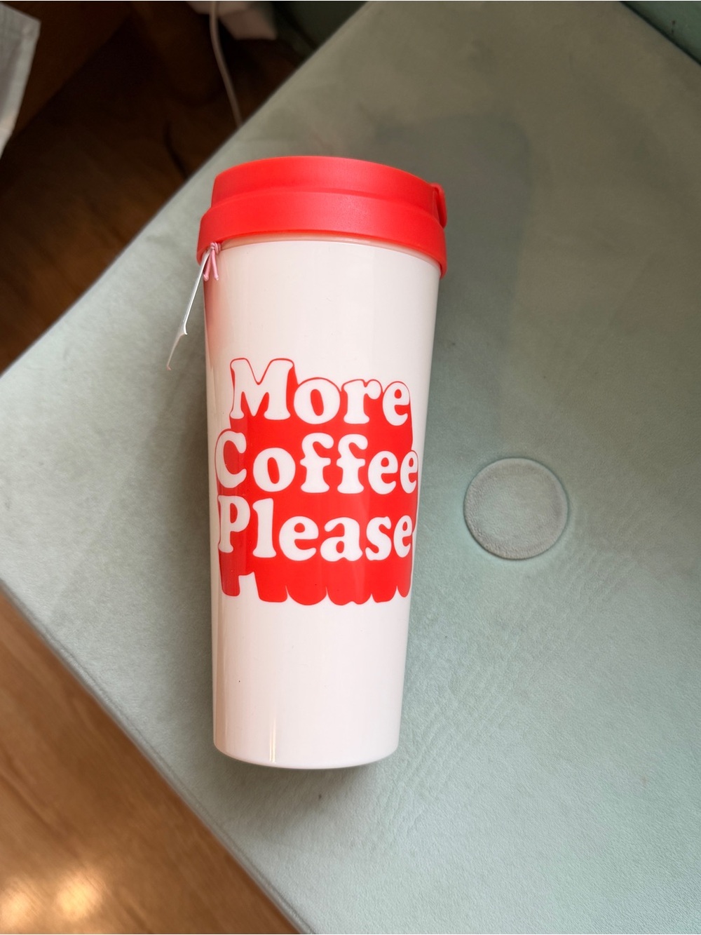 ban.do Cream Travel Tumbler with Red Lid & Graphic “more coffee please”